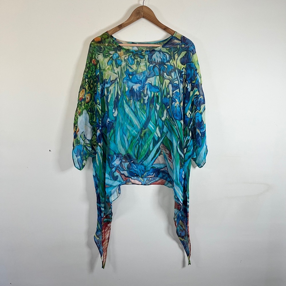 Cocoon House 100% Silk Floral Iris Poncho Sheer Flowy Sm/Med Boho Fairy Whimsy